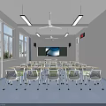 School Modern Classroom Interior With Neat Desks And Chairs Large Screen Windows And Lighting