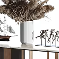 Modern Console Table With Dried Pampas Grass Ship Model And Perforated Screens