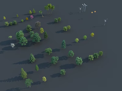 Different Types And Sizes Of Trees With Street Lights In Background 3d model