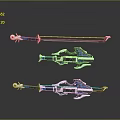 Sci Fi Mechanical Weapons with Blue Pink White Accents and Detailed Structure