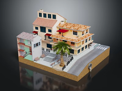Cartoon Scene With Colorful Buildings Orange Roofs Red Awnings And Palm Tree 3d model