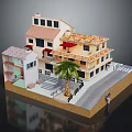 Cartoon Scene With Colorful Buildings Orange Roofs Red Awnings And Palm Tree