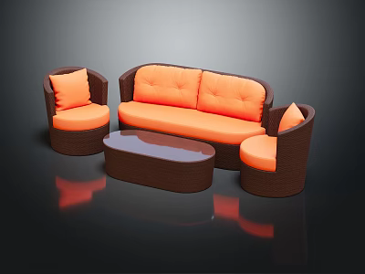 Outdoor Wicker Furniture Set With Orange Cushions Brown Frame And Coffee Table 3d model