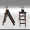 Bonsai Potted Plants With Twiggy Branches On Stylish Wooden Ladder Stands Indoor
