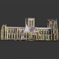 Ancient Historic Building Model with Gothic Spires Arched Windows Stone Towers Green Lawn Detailed Design