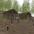Two Wooden Cottages in Bamboo Forest with Terrace and Grassy Surroundings