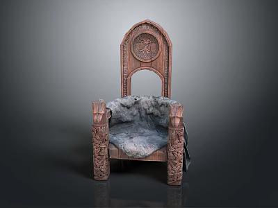 Vintage Carved Wooden Chair With Ornate Armrests Decorative Backrest And Fur Cushion 3d model