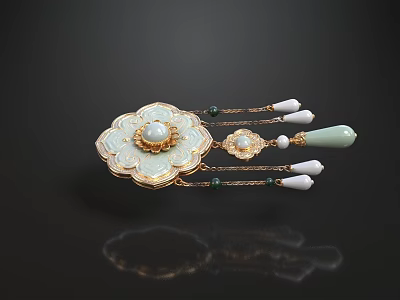 Golden Flower Shaped Jewelry with Central White Bead Green Gemstones and White Tassel 3d model