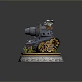 Blue Tank 3D Model With Cannon Small Flag Number 58 and Grass on Patterned Base 3d model