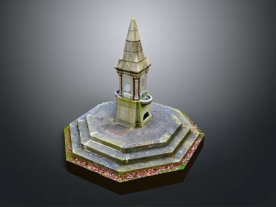 Rustic Stone Tower With Spire On Hexagonal Steps Surrounding Greenery Scenery 3d model