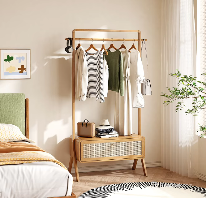 Cozy Wooden Clothes Rack With Hanging Clothes And Storage Cabinet In Bedroom 3d model 