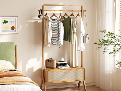 Cozy Wooden Clothes Rack With Hanging Clothes And Storage Cabinet In Bedroom 3d model