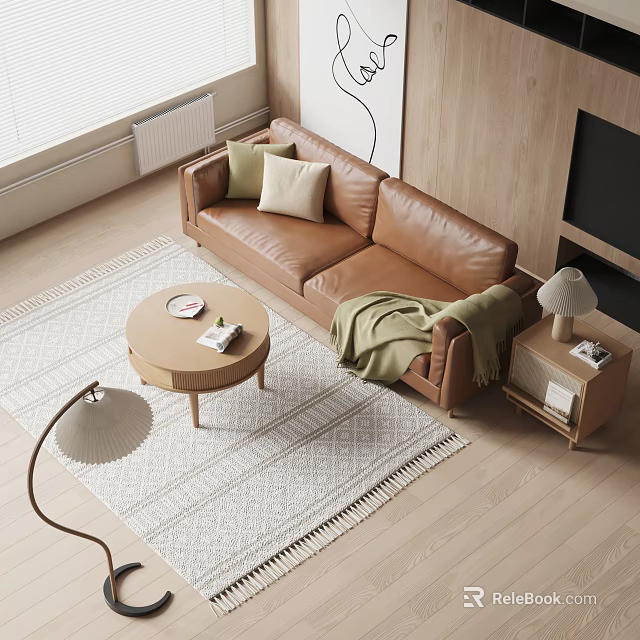 Two Seater Leather Sofa With Green Pillows Throw Blanket Round Wooden Coffee Table And Light Rug 3d model 