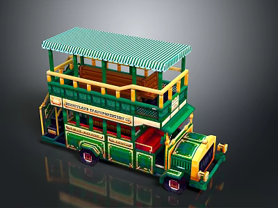 Green And Yellow Double Decker Bus Model With Striped Canopy And Upper Deck Seating 3d model