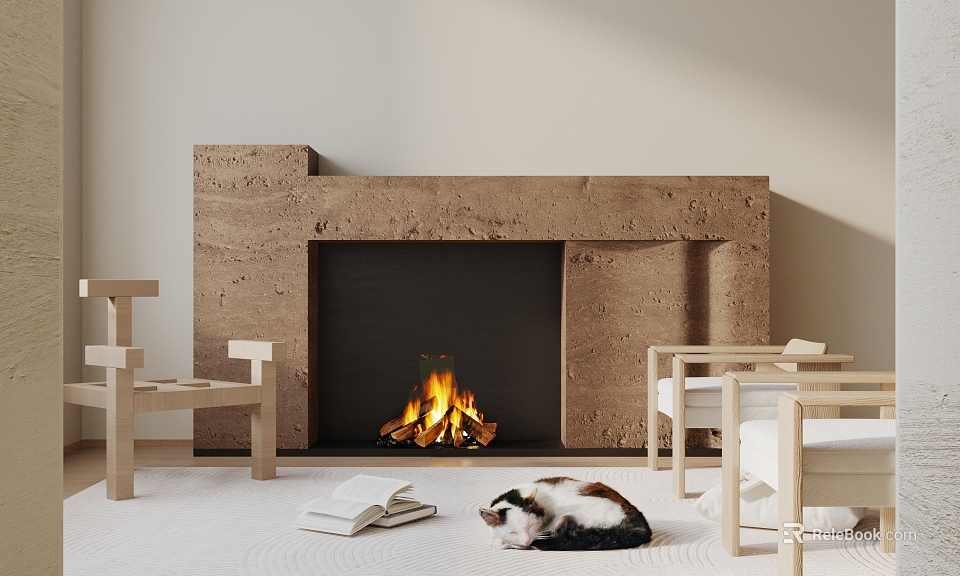 Stone Fireplace In Modern Cozy Living Room With Cat And Books 3d model 