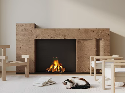 Stone Fireplace In Modern Cozy Living Room With Cat And Books 3d model