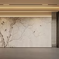 Modern Minimalist Feature Wall With Beige Background Chinese Tree Branch And Bird Patterns 3d model