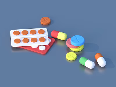 Colorful Medication Tablets and Capsules with Blister Pack on Blue Surface 3d model