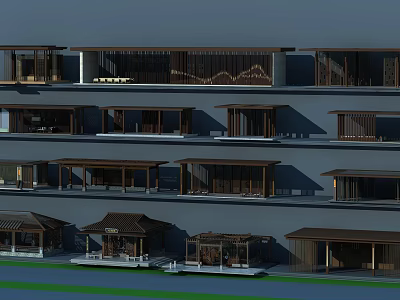 Traditional Chinese Building Exterior Design With Multiple Floors Wooden Balconies And Curved Roofs 3d model