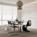 Modern Dining Table Set With Glass Top Metal Frame And Curved Black White Chairs