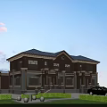 Two Story Semi Detached Villa Exterior With Brown Facade Blue Roof And Green Lawn
