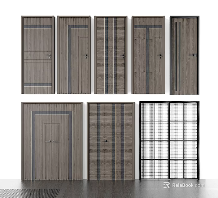 Modern Hinged Doors With Various Wood Grain And Grid Pattern Designs 3d model