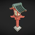 Traditional Japanese Red Lantern With Green Roof Square Shade And Stone Base