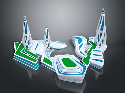 Cartoon Futuristic City Scene with Blue White Towers Green Geometric Platforms and Modern 3D Design 3d model