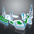 Cartoon Futuristic City Scene with Blue White Towers Green Geometric Platforms and Modern 3D Design