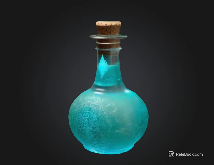 Glowing Blue Glass Bottle With Cork Stopper Carved Patterns And Blue Liquid 3d model 
