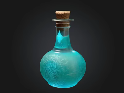 Glowing Blue Glass Bottle With Cork Stopper Carved Patterns And Blue Liquid 3d model