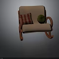 Comfortable Beige Rocking Chair With Red Wooden Armrests And Decorative Pillows