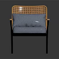 Modern Wicker Back Chair With Light Blue Cushion Wooden Armrests And Black Metal Frame