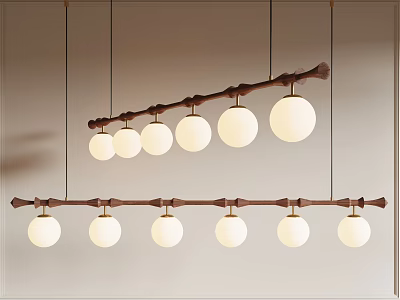 Modern Hanging Chandelier With Multiple Round Bulbs And Wooden Branch Frame Design 3d model
