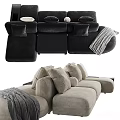 Modular Sectional Sofa In Light And Dark Gray With Plush Pillows Soft Blanket And Side Table 3d model