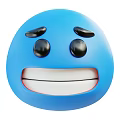 A man displaying a blue smiling face emoji with black eyes and white mouth
