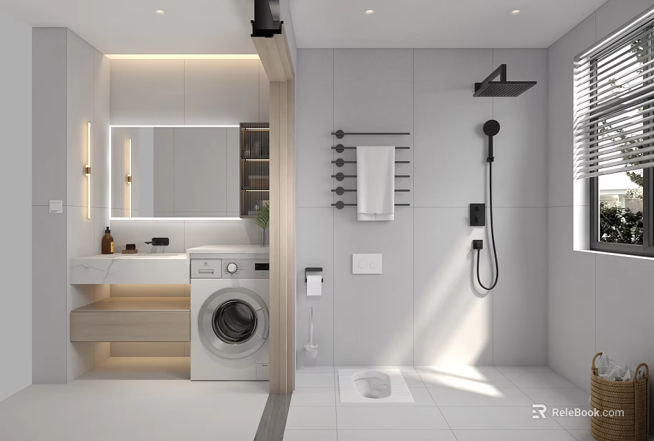 Bathroom Interior Design With Washing Machine Large Mirror Vanity Shower White Tiles And Natural Light 3d model 