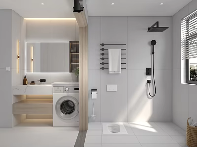 Bathroom Interior Design With Washing Machine Large Mirror Vanity Shower White Tiles And Natural Light 3d model