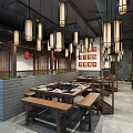 Chinese Style Hot Pot Restaurant Interior With Traditional Lanterns Wooden Tables And Bench Seats
