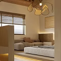 Natural Style Interior With Wooden Beams Woven Pendant Light Decorative Art And Stone Tiles