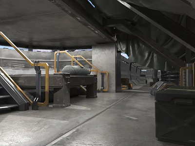 Industrial Interior Space With Metal Structures Gray Flooring Yellow Railings Staircase Large Equipment And Green Canvas Roof 3d model