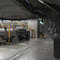 Industrial Interior Space With Metal Structures Gray Flooring Yellow Railings Staircase Large Equipment And Green Canvas Roof