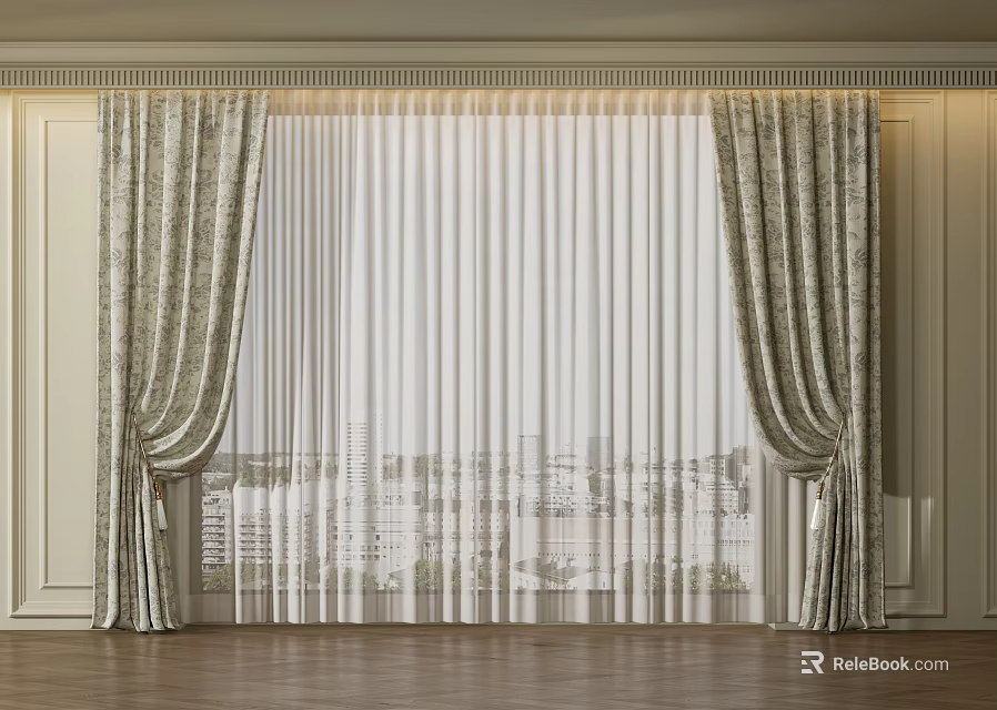 Elegant Layered Curtains With Patterned Drapes And White Sheer For Window View 3d model 