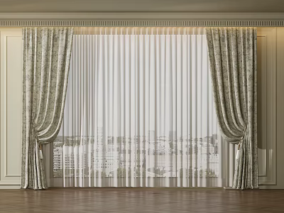 Elegant Layered Curtains With Patterned Drapes And White Sheer For Window View 3d model