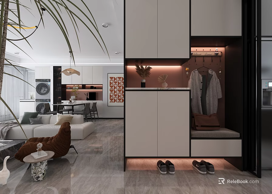 Modern Living Dining Room Interior With Open Layout Comfy Sofa Dining Table And Pendant Lights 3d model