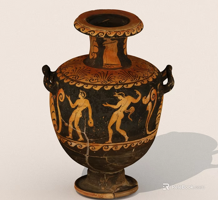 Ancient Greek Vase With Black And Orange Patterns And Two Handles Featuring Figures 3d model 