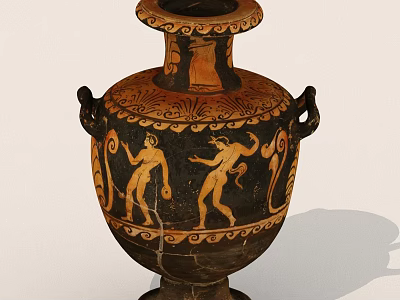 Ancient Greek Vase With Black And Orange Patterns And Two Handles Featuring Figures 3d model