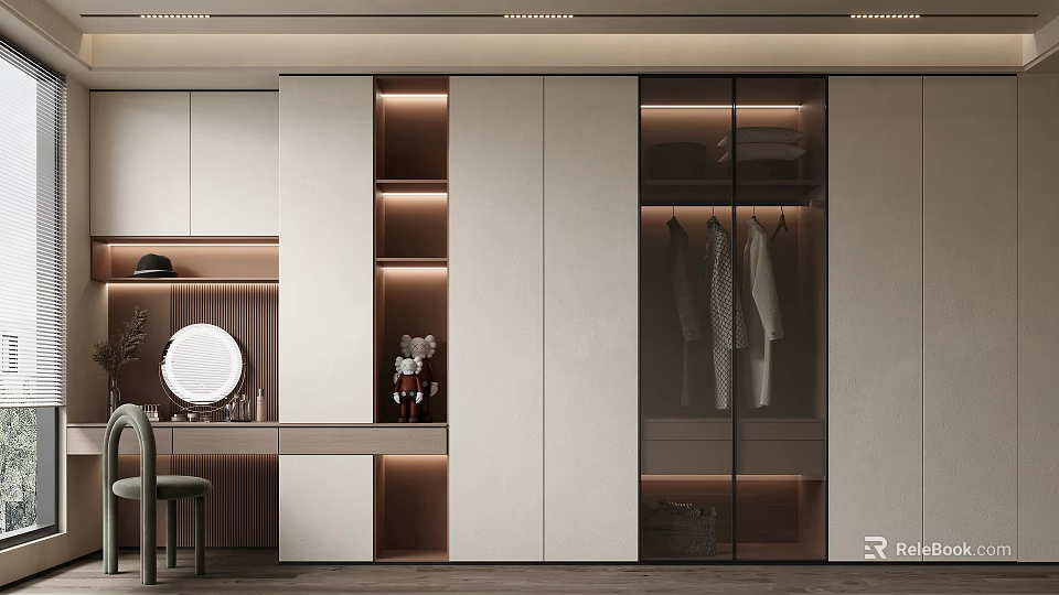 Modern Walk in Closet Interior With Illuminated Storage Dressing Table And Hanging Clothes 3d model 