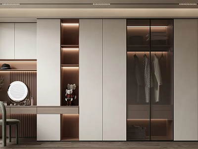 Modern Walk in Closet Interior With Illuminated Storage Dressing Table And Hanging Clothes 3d model