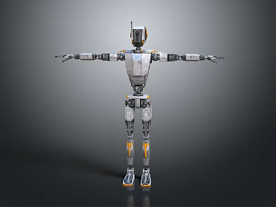 3D Rendered Robot With Silver Orange Design And Extended Arms Legs On Grey Background 3d model